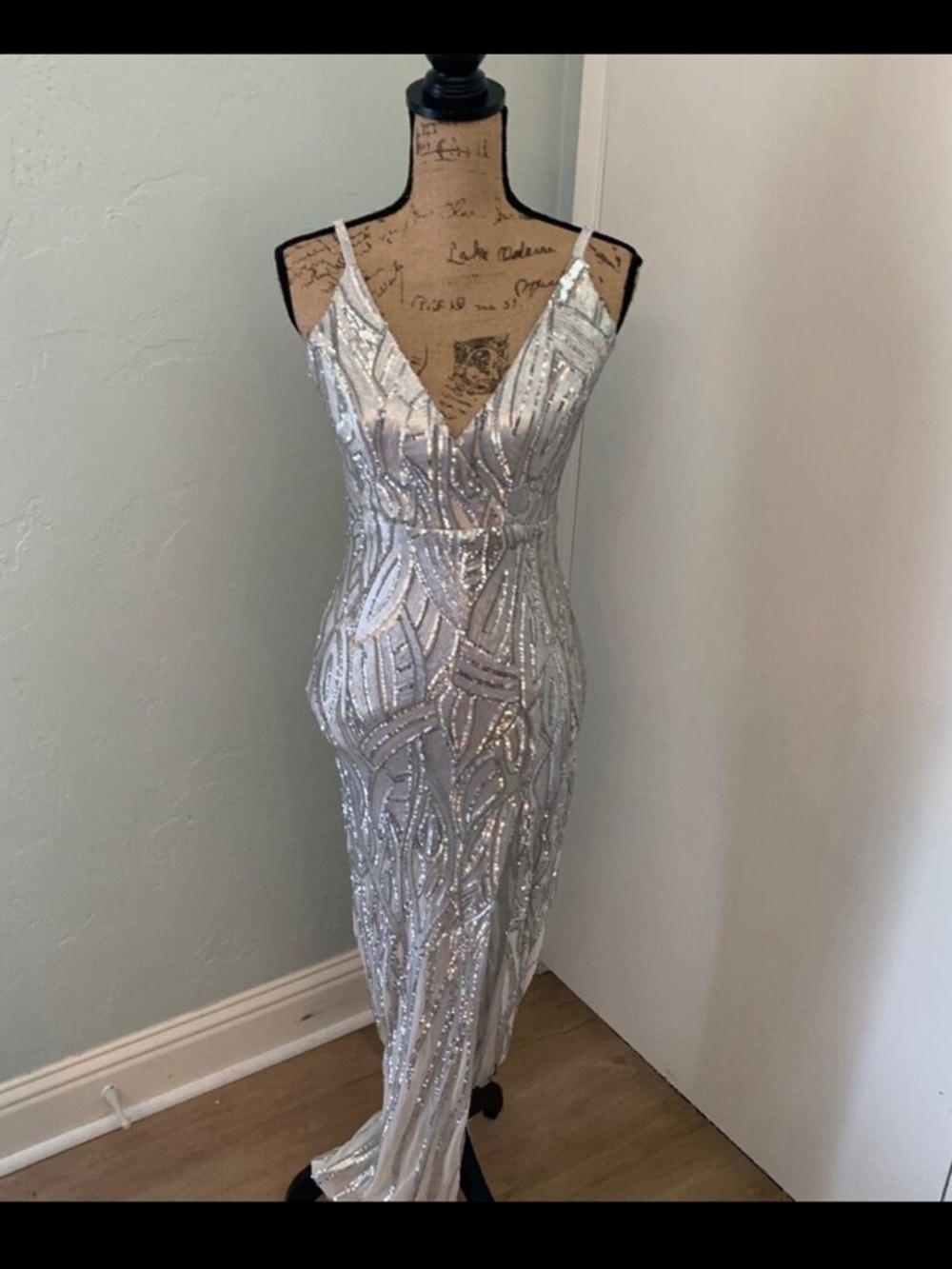 Silver Sequin gown dress v neck side slit sexy prom wedding formal small